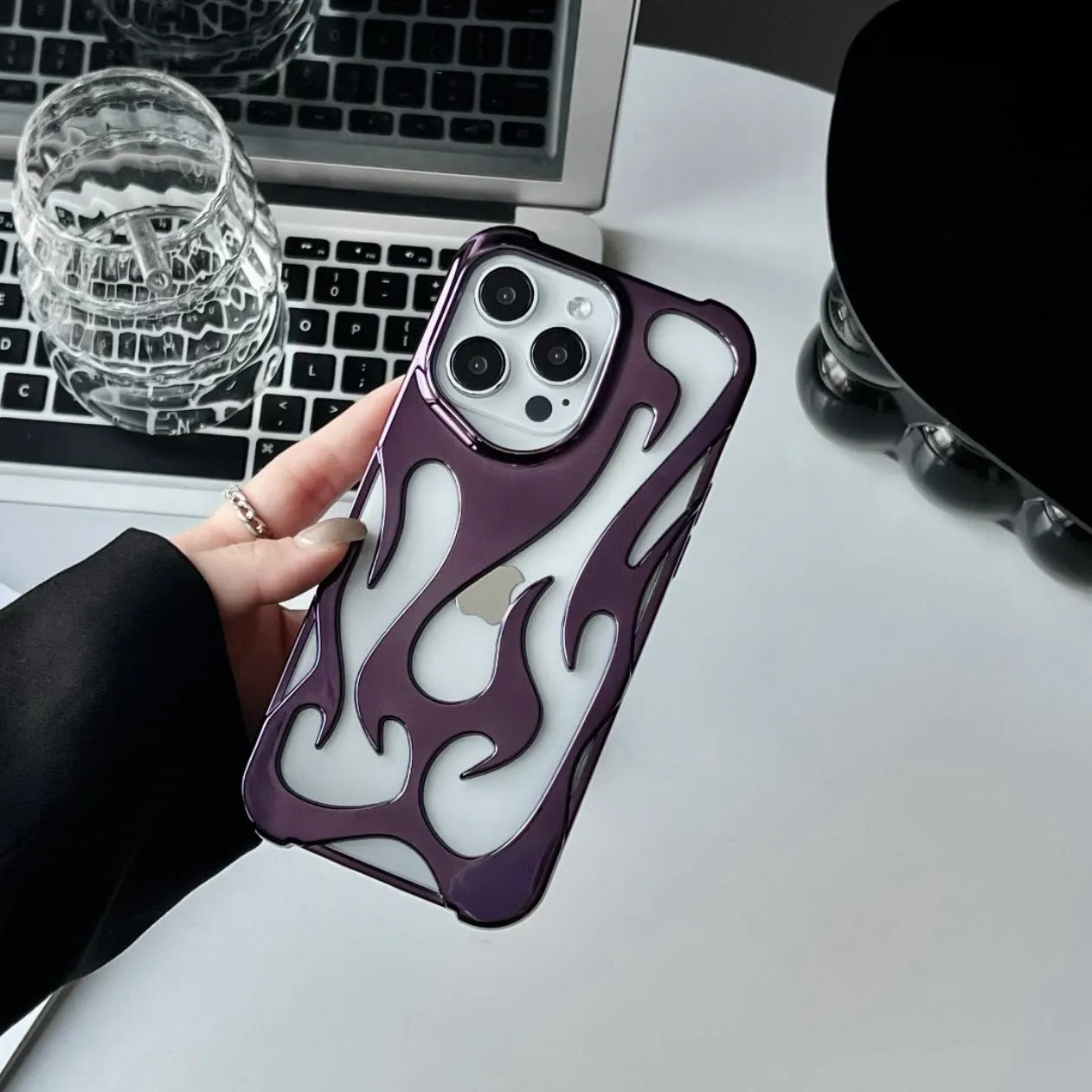 Electroplating hollow flame pattern soft TPU phone case for Apple iPhone in metallic silver finish