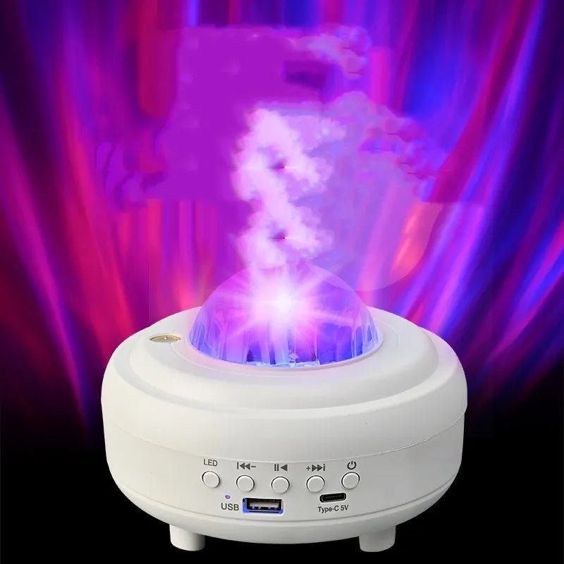 White Galaxy Star Projector night lamp showing star projection on wall and ceiling