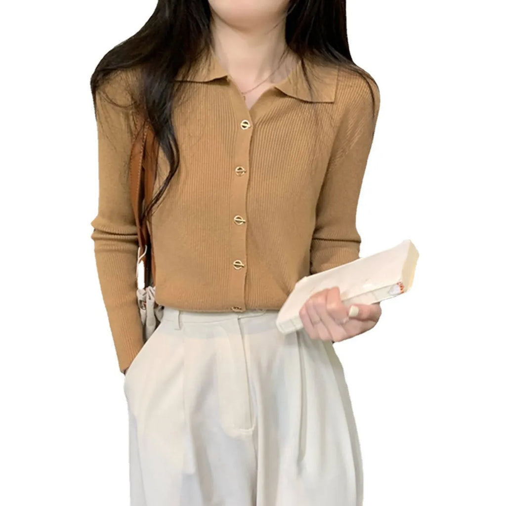 Women's beige loose-fit viscose knitted cardigan top with long sleeves shown worn open.