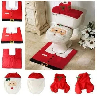 Christmas bathroom decoration set with flannel toilet cover, floor mat, and shower curtain in Santa design