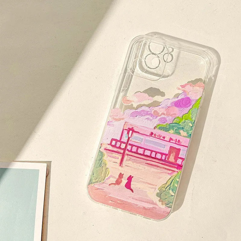 White silicone iPhone case with a colourful cartoon illustration of two cats on the back.