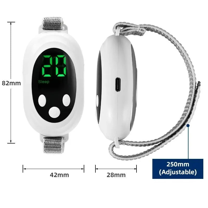 White handheld sleep aid device with remote control showing 20 gear settings, USB charging cable, and sleep bracelet.