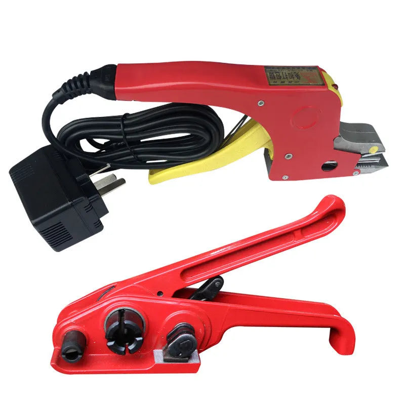 Portable electric hot melt packing machine with plastic steel tensioner and yellow strapping tape.