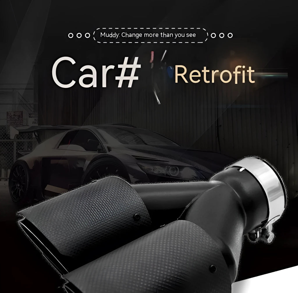 Black carbon fibre car exhaust pipe silencer with twin outlets, length 250mm.