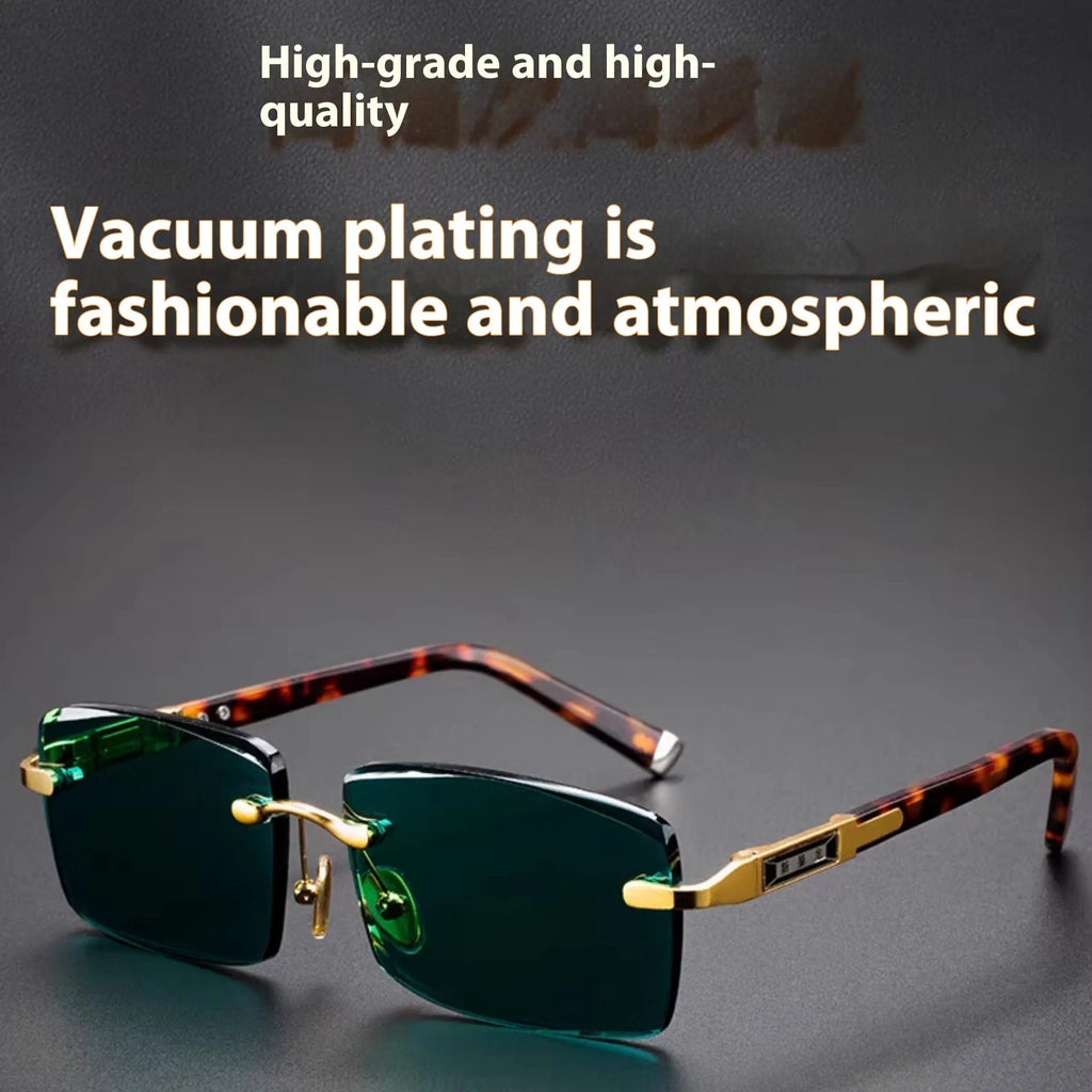 Dark green frameless crystal sunglasses with protective case and cleaning cloth