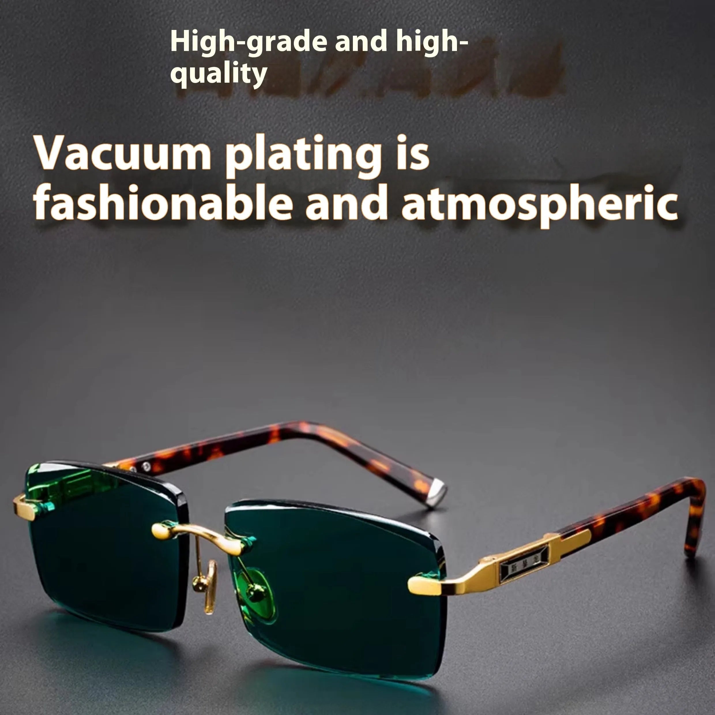 Dark green frameless crystal sunglasses with protective case and cleaning cloth