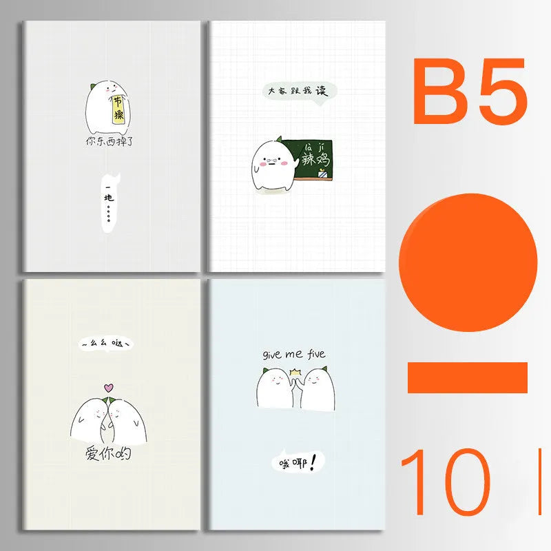 Ten soft cover kraft paper notebooks with thread binding in A5 and B5 sizes showing multiple design styles