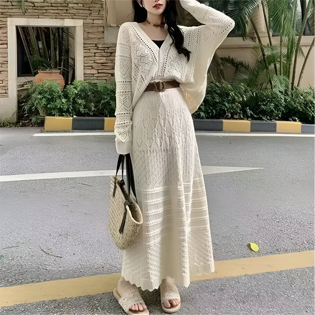 Beige hollow-out knitted two-piece skirt set with long sleeve top, mid-length skirt and belt