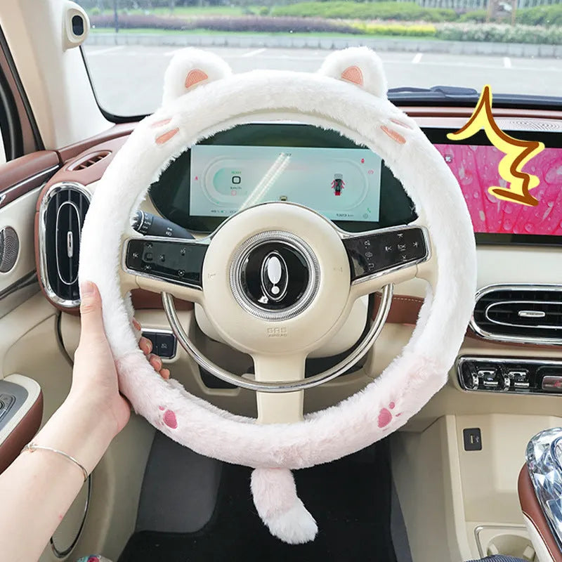 Plush car steering wheel cover with embroidered cartoon animal design for winter driving