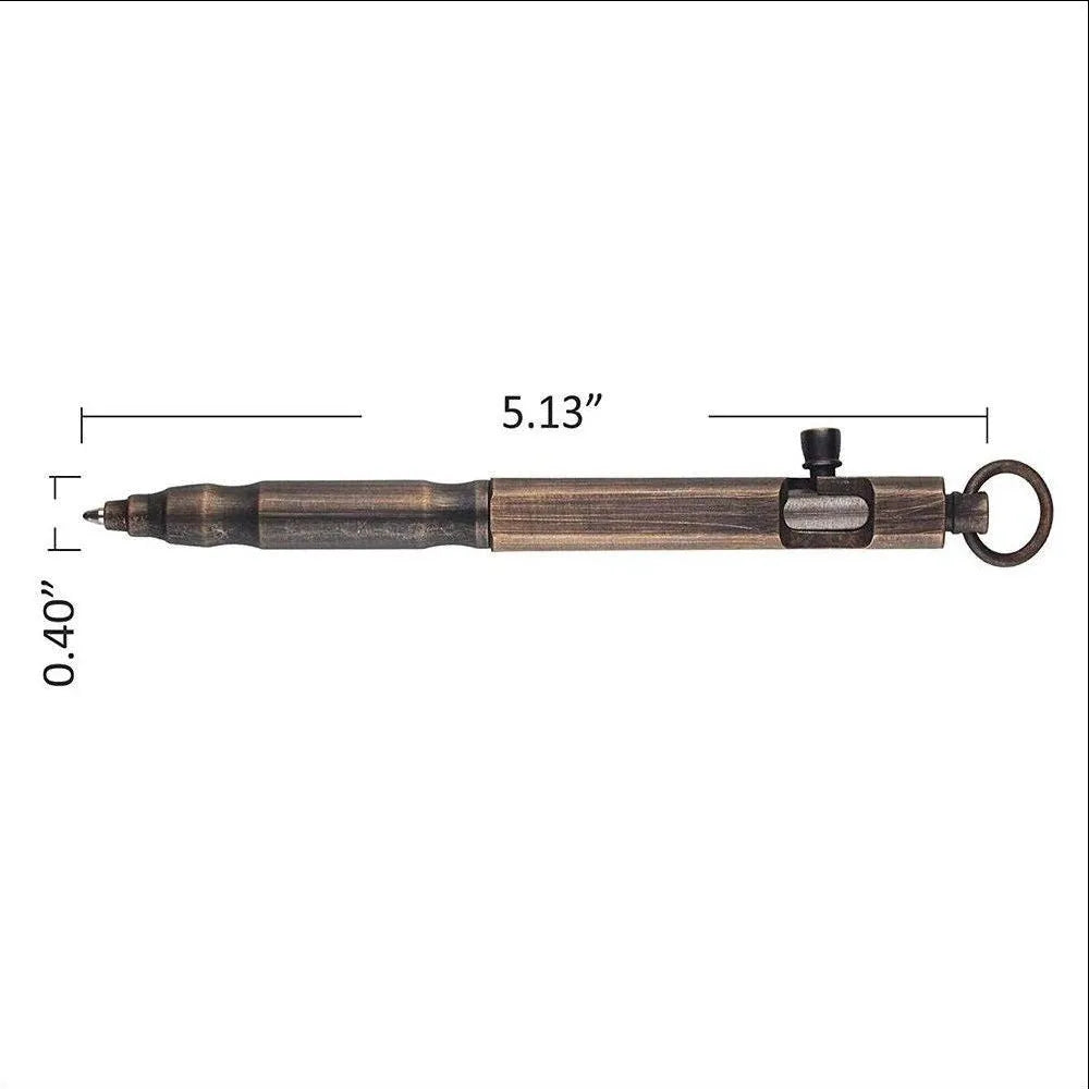 Brass hexagonal bolt tactical pen with machine gun design in natural brass or vintage black finish.