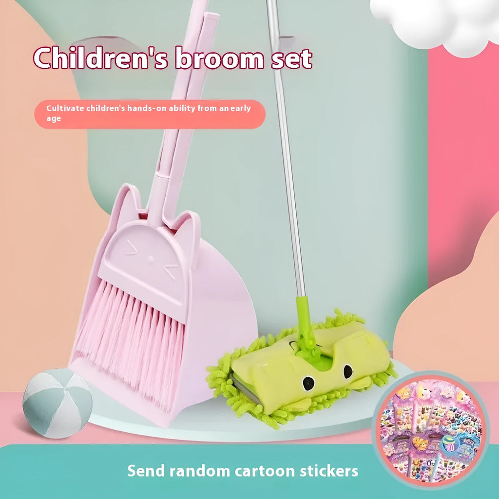 Purple plastic broom and dustpan set showing broom stored upright in the dustpan's handle holder.