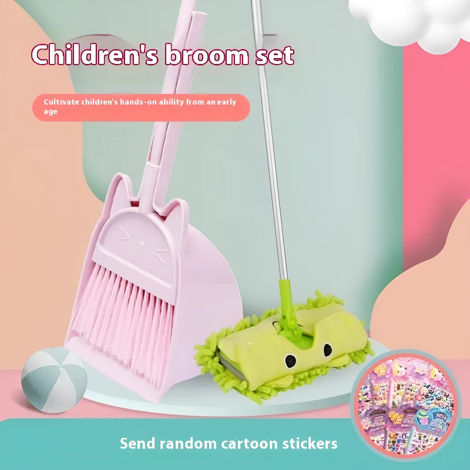 Purple plastic broom and dustpan set showing broom stored upright in the dustpan's handle holder.