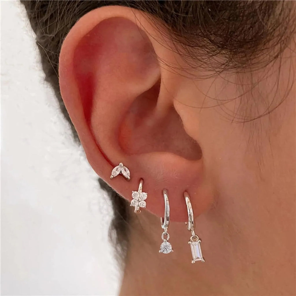 Geometric square earring set for women with zircon accents in gold or silver electroplated finish