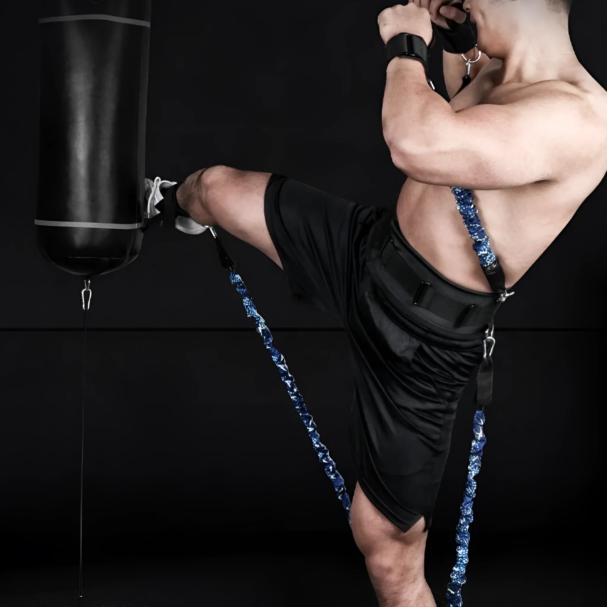 Fitness bounce chest expander elastic resistance band with colour-coded sleeves indicating 100-300 pound resistance levels