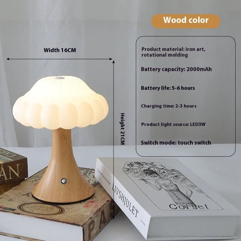 Mushroom-shaped USB rechargeable touch control night lamp in wood grain finish