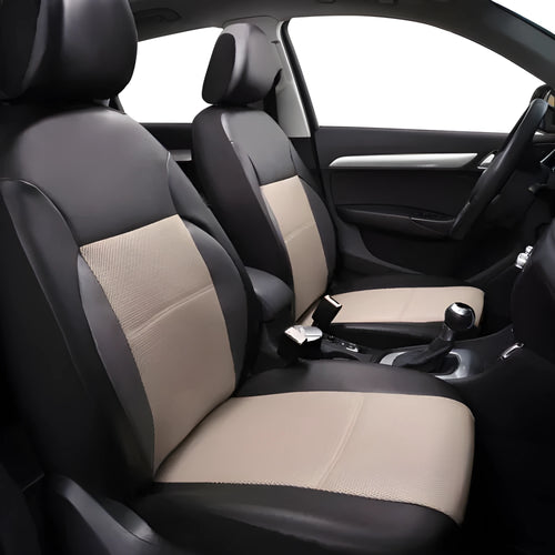 Set of black artificial leather car seat covers for front and rear seats with headrest covers