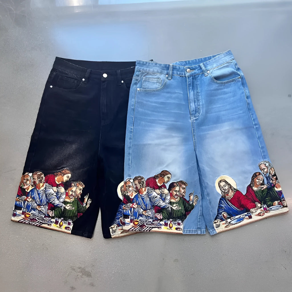 Men's blue cotton tapered shorts with Jesus print on back pocket