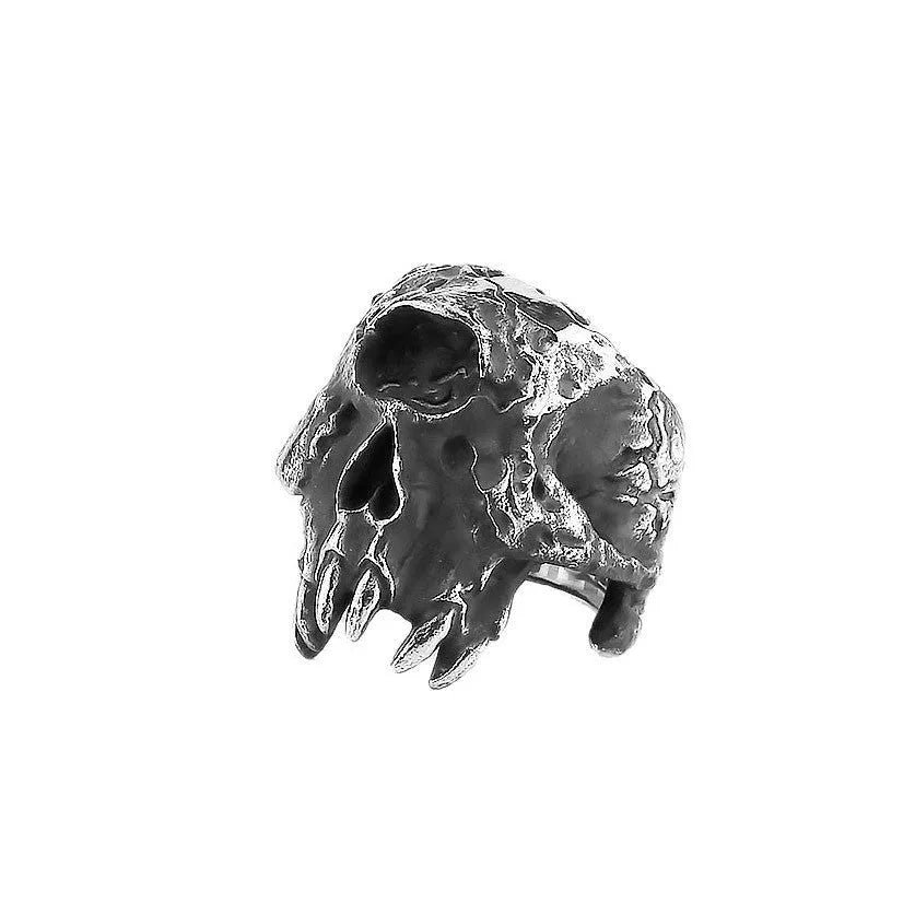 Close-up of a silver-toned alloy ring featuring a detailed one-eyed skull design on a black background.