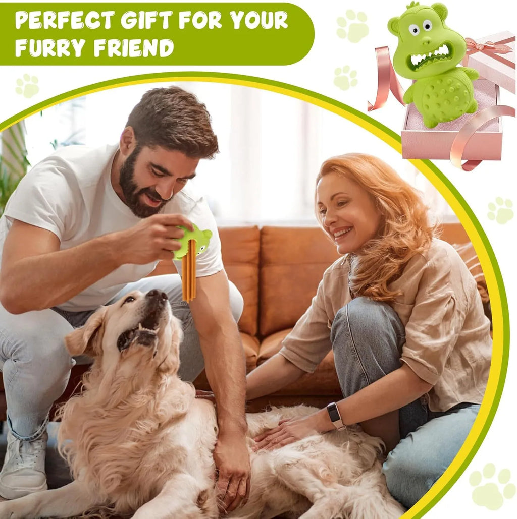 Green and yellow natural rubber squeaky dog toy for large breed aggressive chewers.