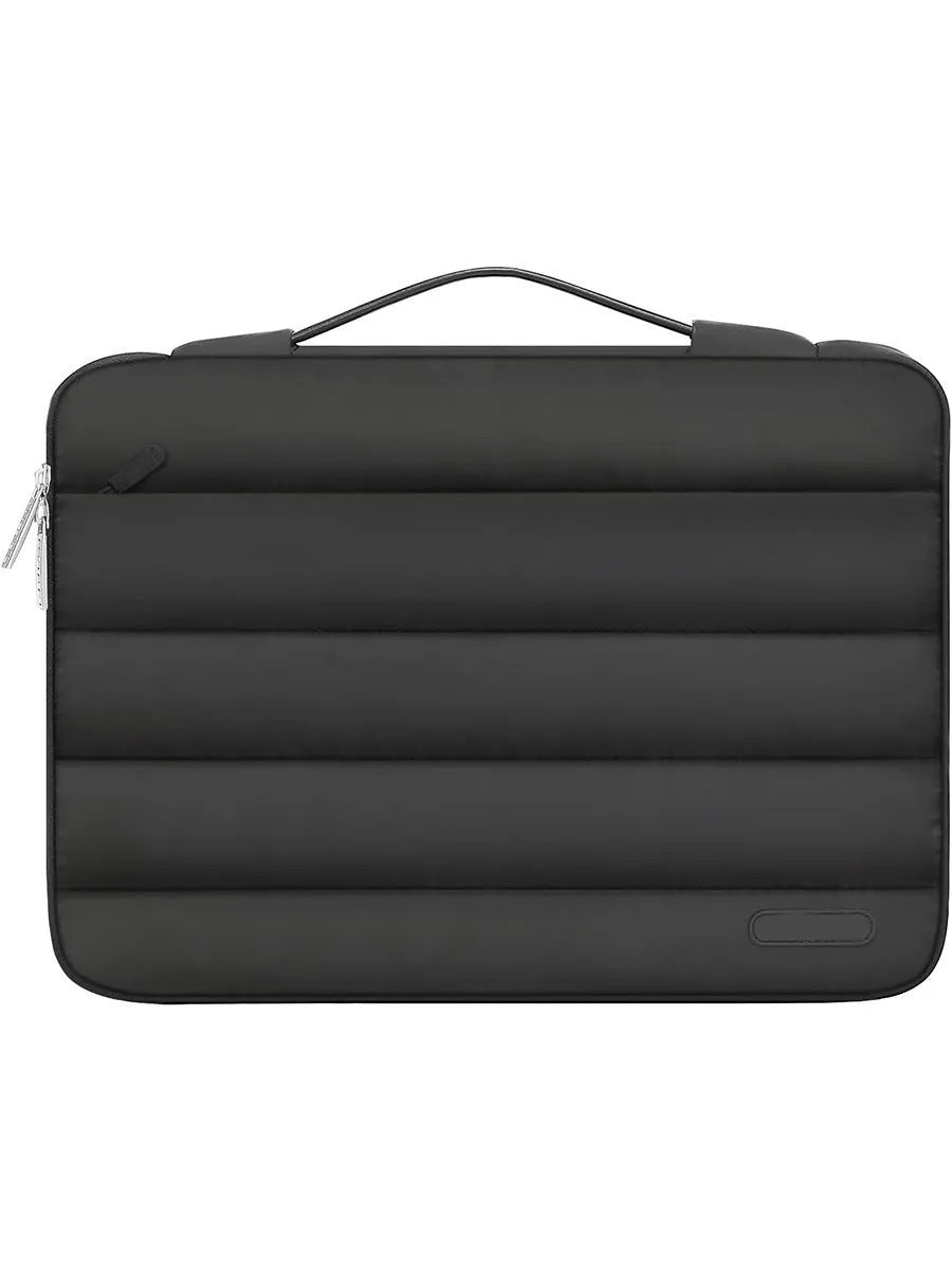 Velvet laptop bag in sand colour with plaid pattern, suitable for a 13.3-inch or 15.4-inch device.