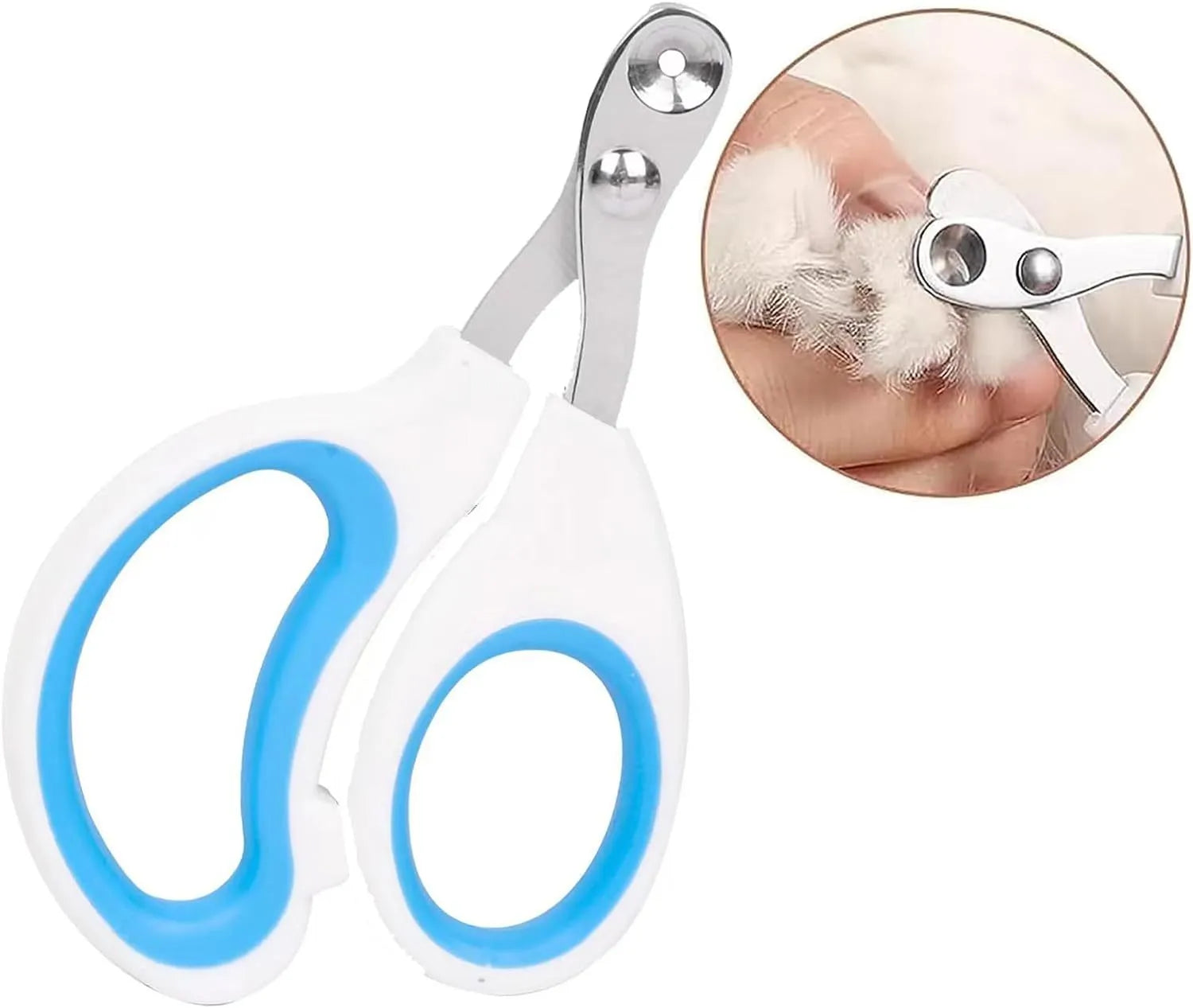 Blue cat nail clippers with circular hole design and cushioned non-slip handles.