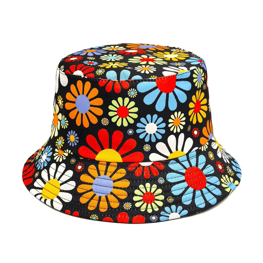 Colourful flowers print bucket sun hat with dome crown in medium size