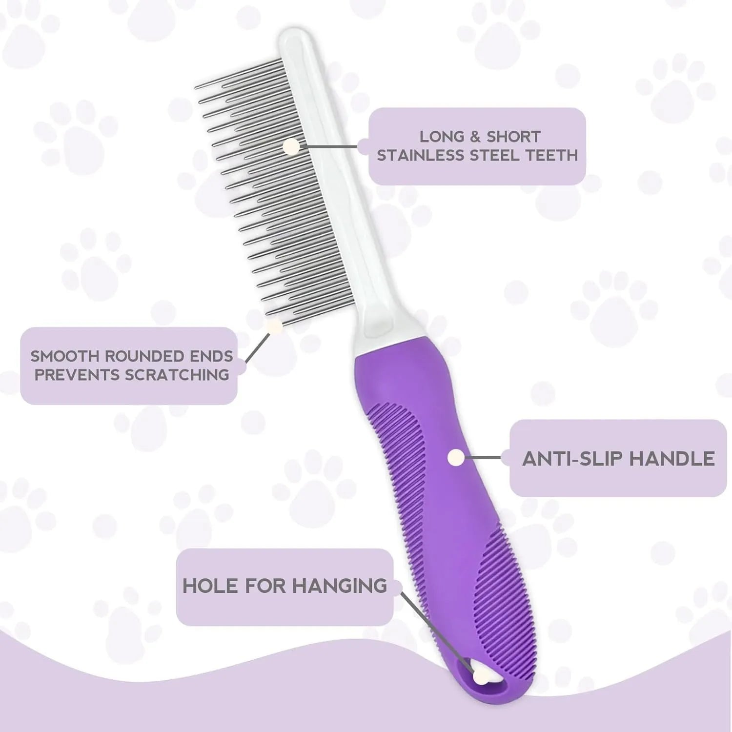 Purple pet grooming comb with stainless steel teeth on white background showing long and short tooth design