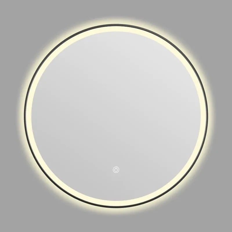 Round smart bathroom mirror with black aluminum alloy frame and LED light in white warm and neutral modes