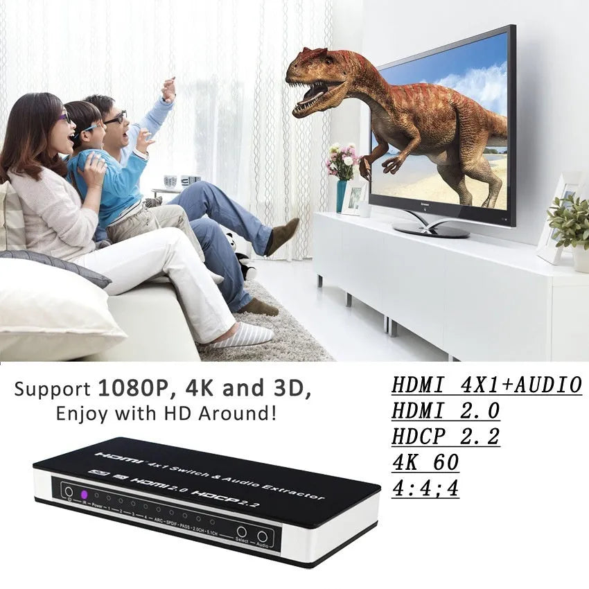 Black HDMI audio video switch unit with remote control and 10-metre cables for connecting four sources to one display.