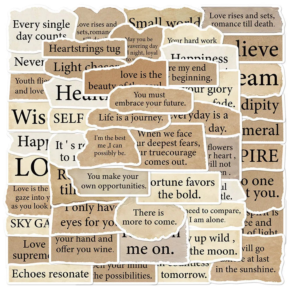 Set of 25 torn paper style English text decorative PVC stickers for laptops and notebooks.