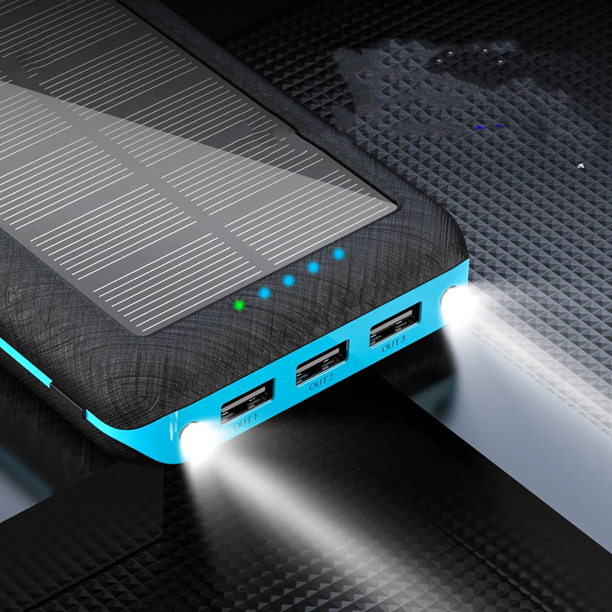 Black solar power bank with wireless charging pad, three USB ports, and an LED flashlight.