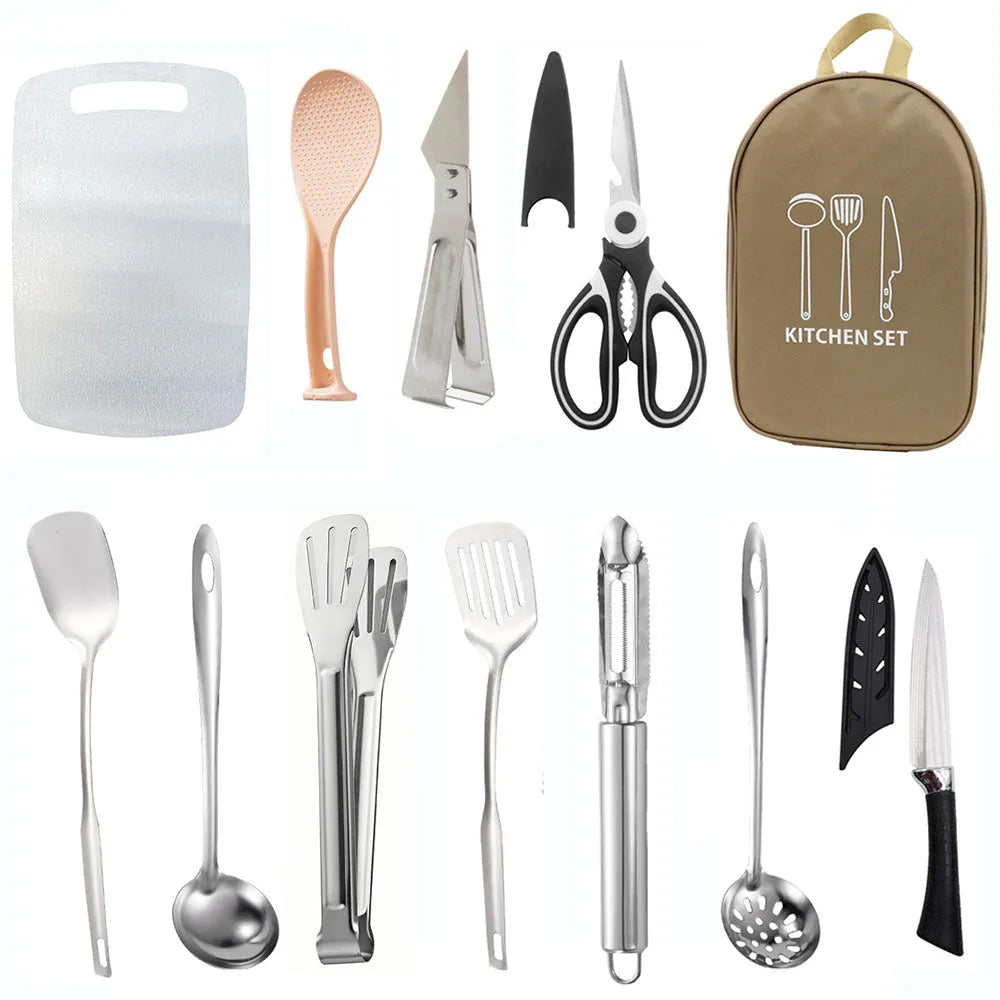 Portable picnic kitchenware storage bag containing stainless steel cutlery set for twelve persons