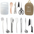 Portable picnic kitchenware storage bag containing stainless steel cutlery set for twelve persons