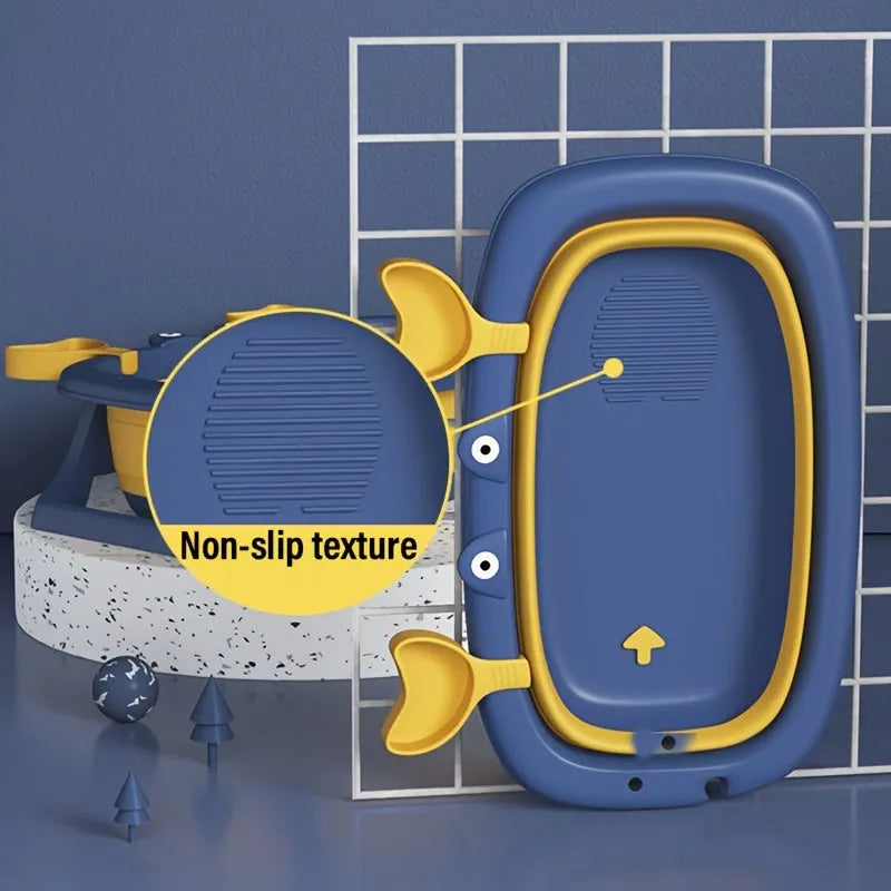 Blue foldable plastic pet bath tub for small dogs and cats on a plain background.