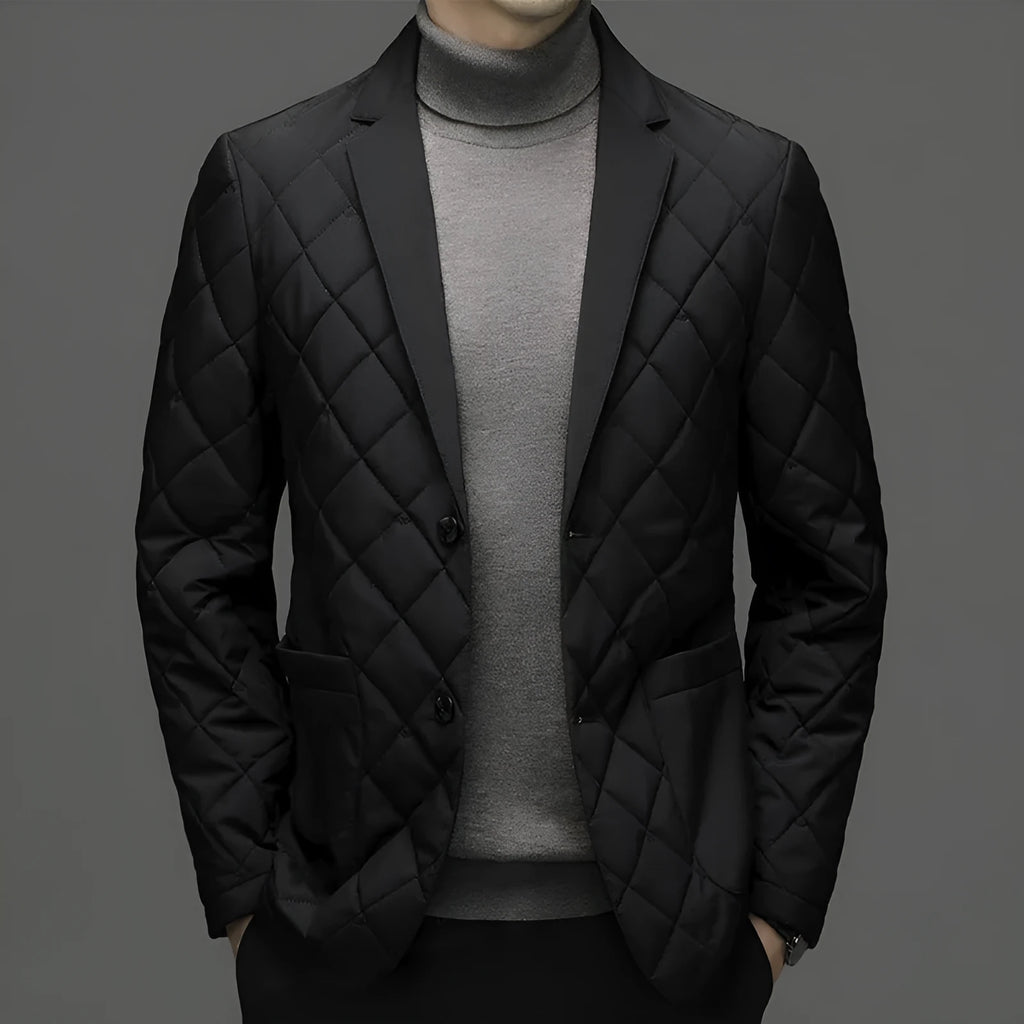 Men's black lapel collar down jacket in cardigan style with side seam pockets