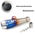 M4 motorcycle exhaust pipe in multiple colour options including black, titanium, and blue finishes