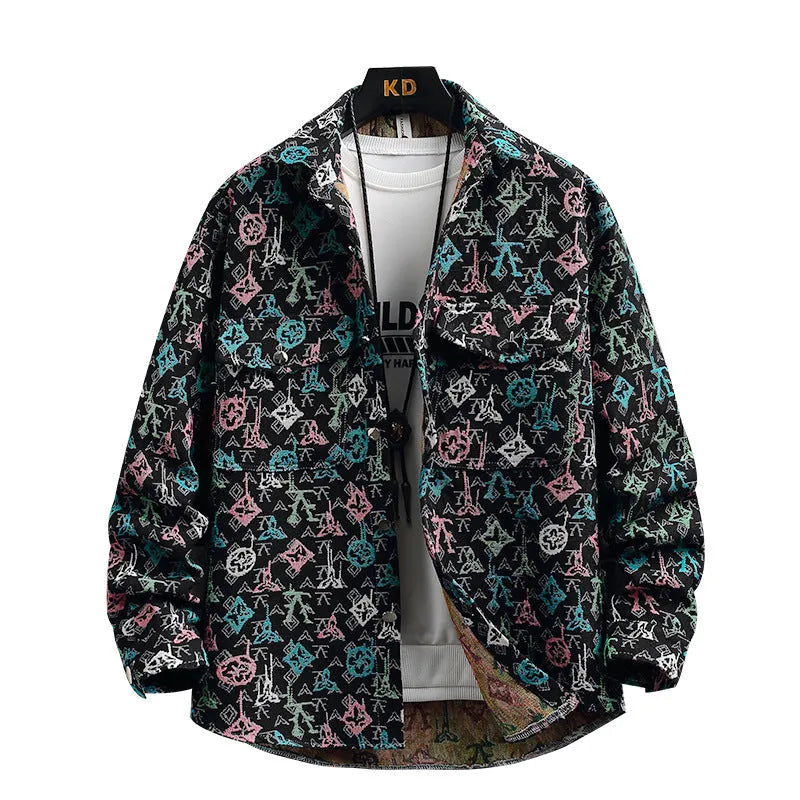 Casual lapel shirt coat in a colour-coded option like blue or black, showing long sleeves and straight hem.