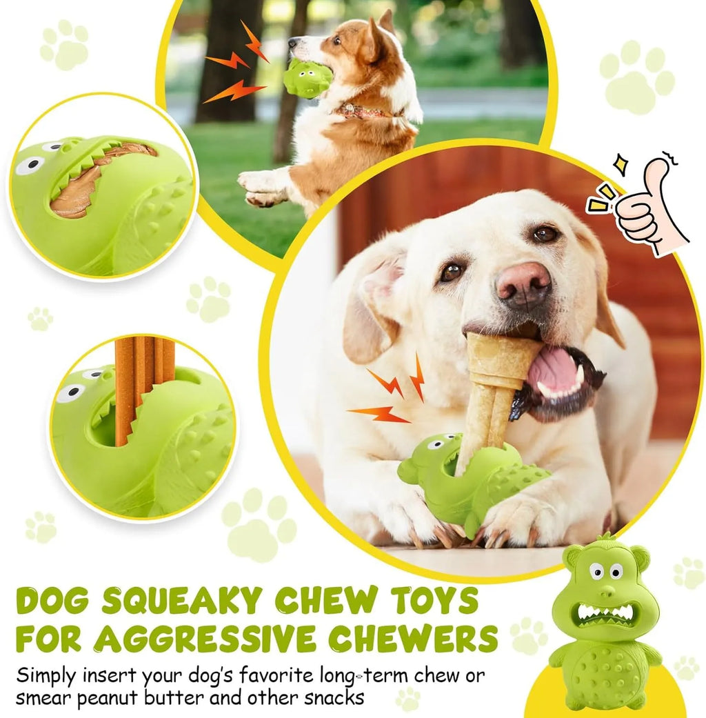Green and yellow natural rubber squeaky dog toy for large breed aggressive chewers.