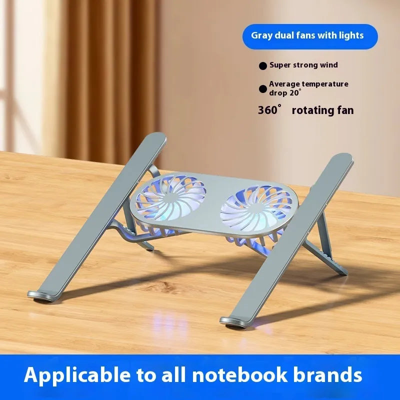 Silver aluminium laptop cooling stand with twin fans and height adjustment mechanism