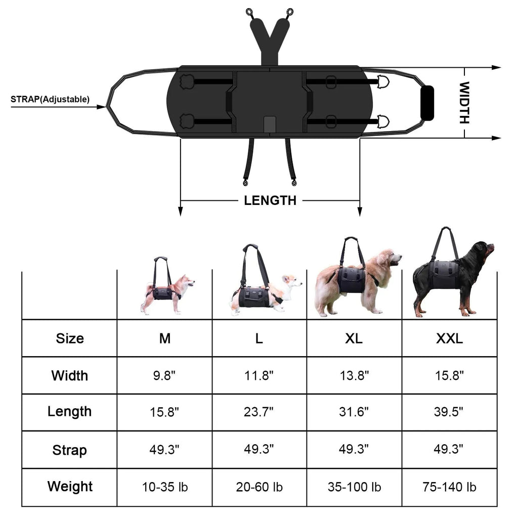 Black Oxford cloth dog harness with leg support and adjustable breast strap