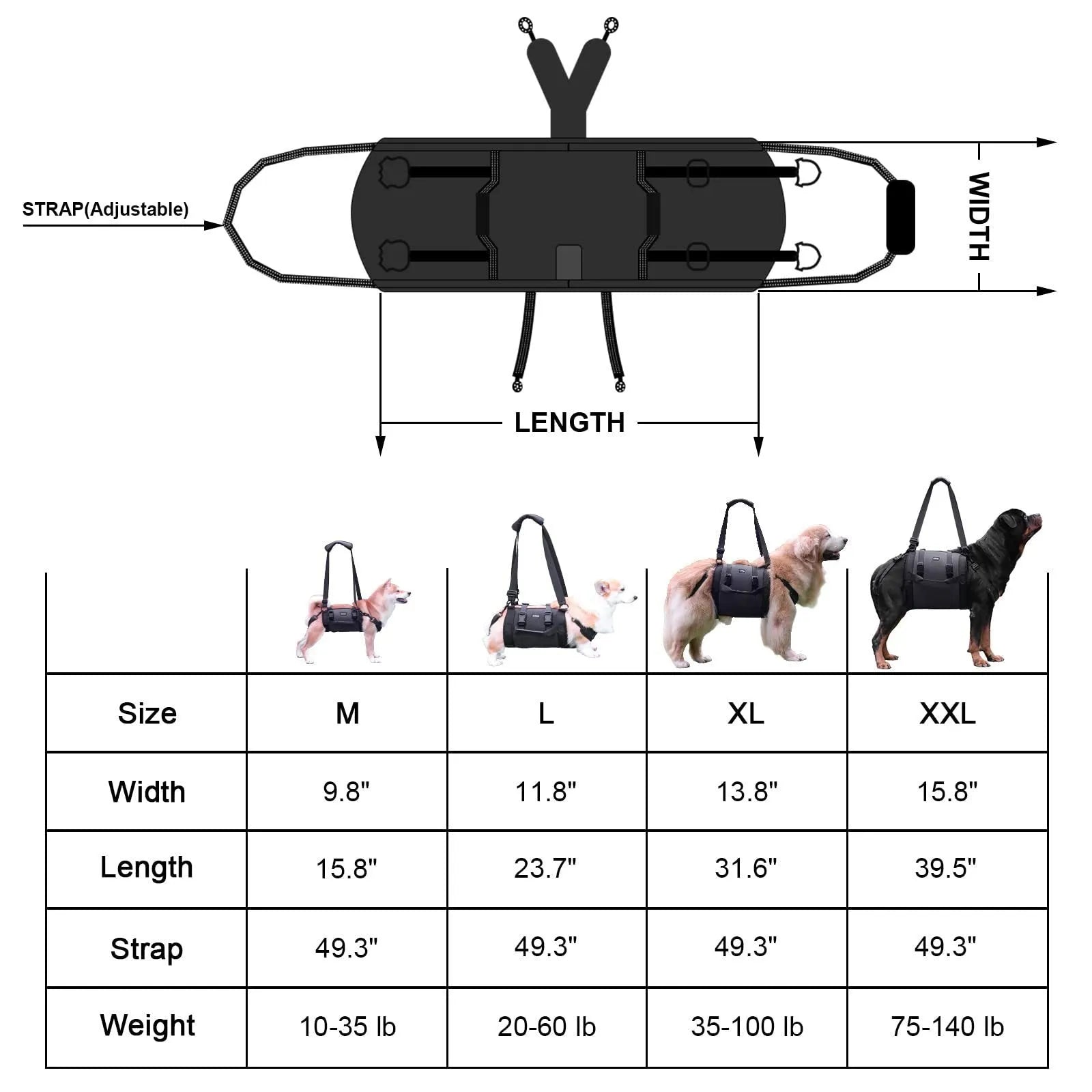 Black Oxford cloth dog harness with leg support and adjustable breast strap
