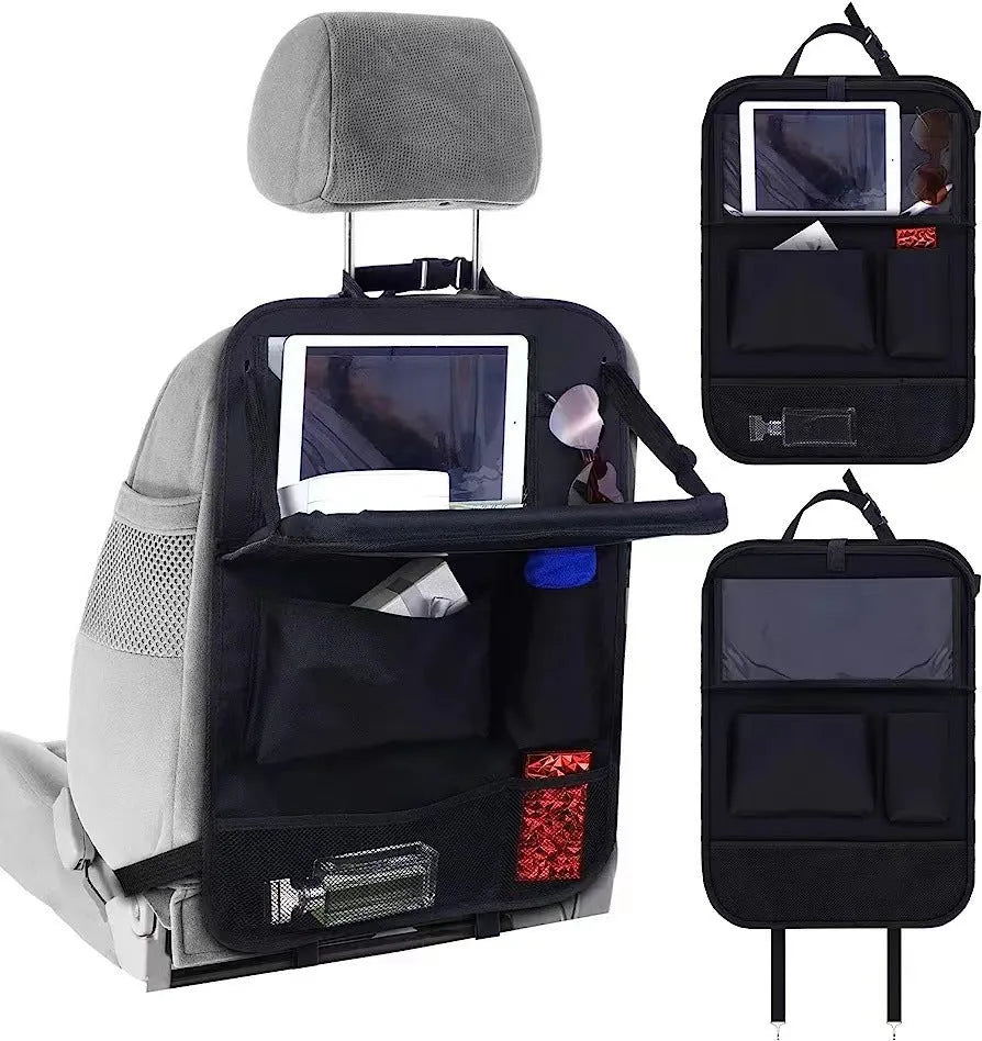Black Oxford cloth car seat back storage bag measuring 42x30cm with hanging design