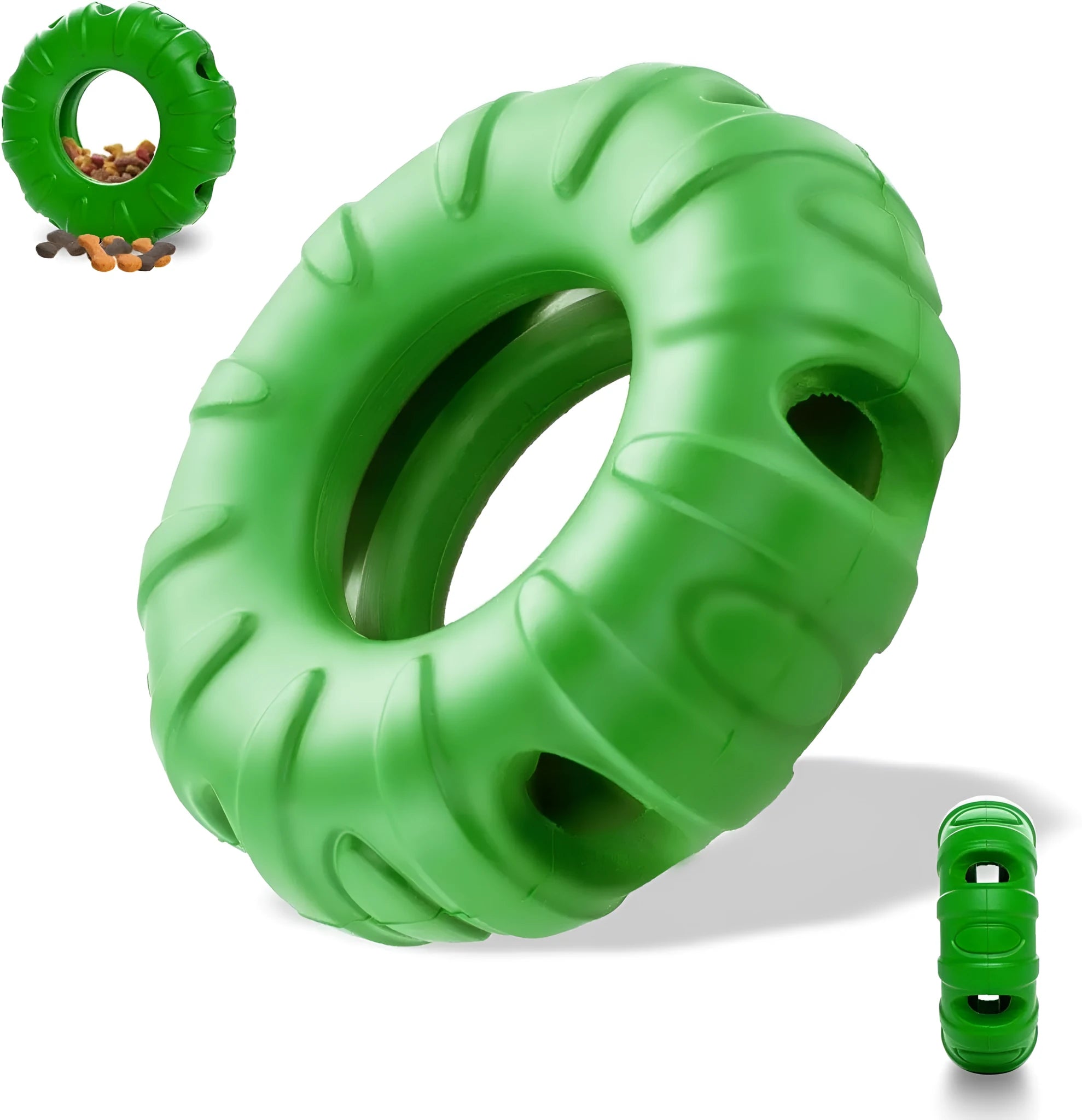 Beef-flavoured red rubber tyre dog chew toy with oval openings for treat dispensing