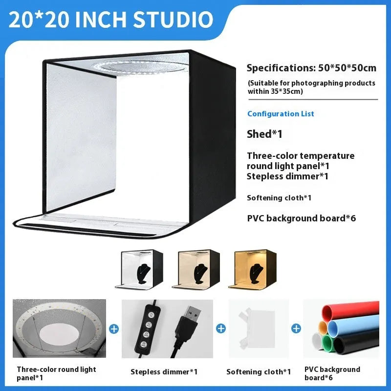 50cm studio light box with metal frame and USB-powered 5-side folding three-colour temperature light board