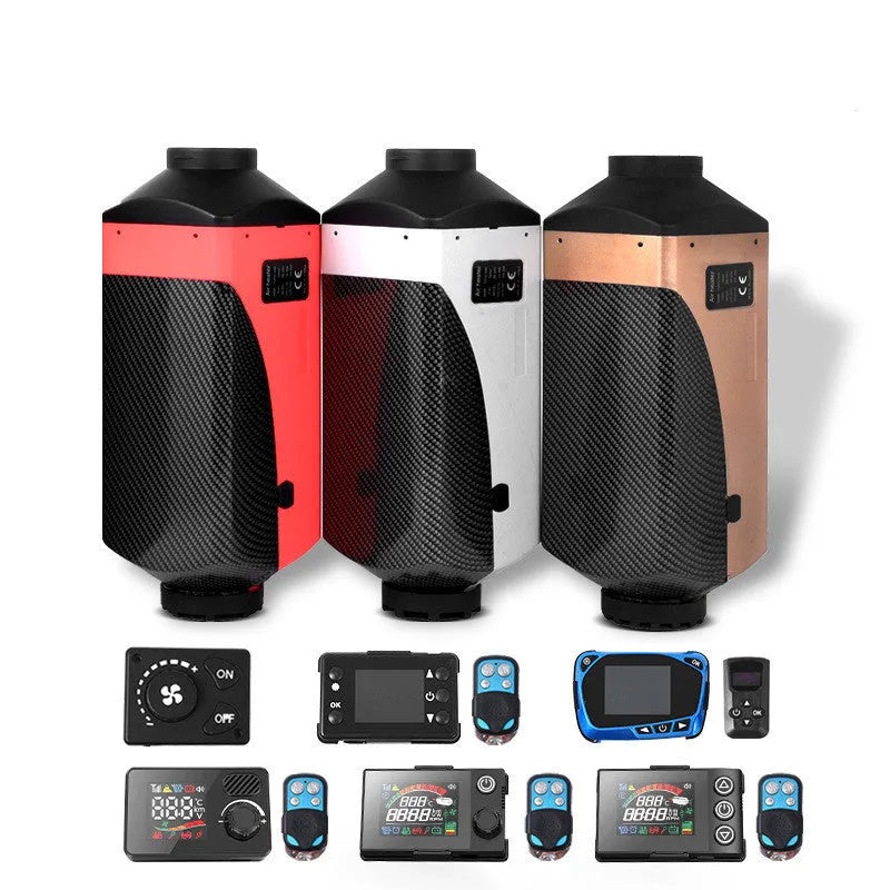 Red and black diesel air heater unit with fuel tank, pipes, wiring, and mounting kit for vehicle installation.