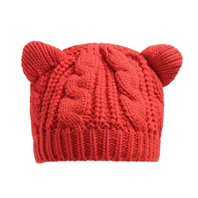 Hand made 3D cat ear knitted wool beanie in winter colours