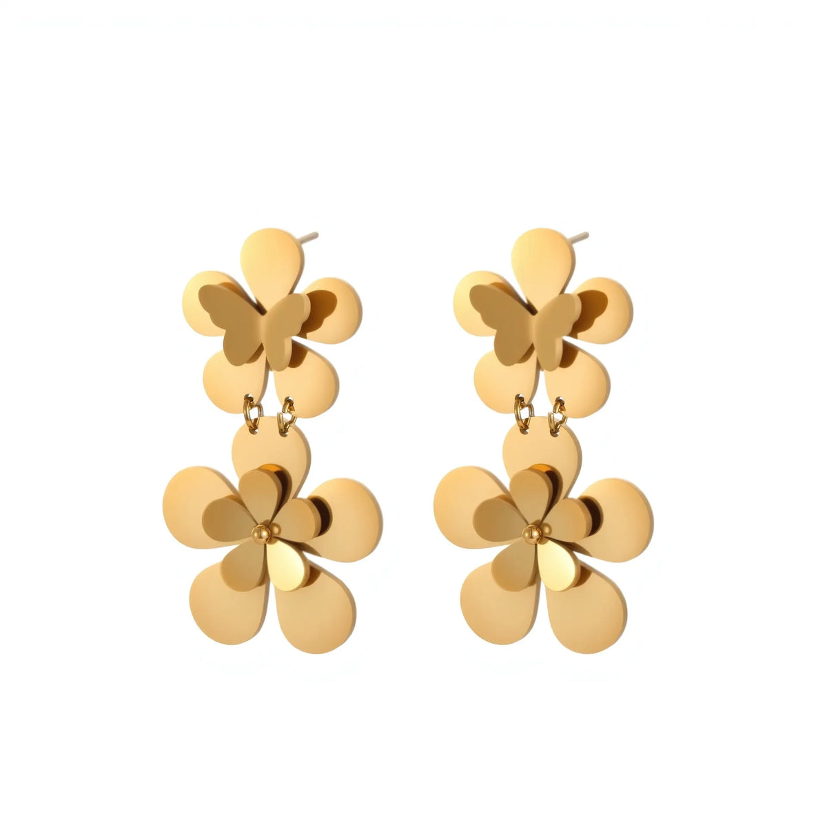 Gold-coloured stainless steel earrings with floral and butterfly design for women