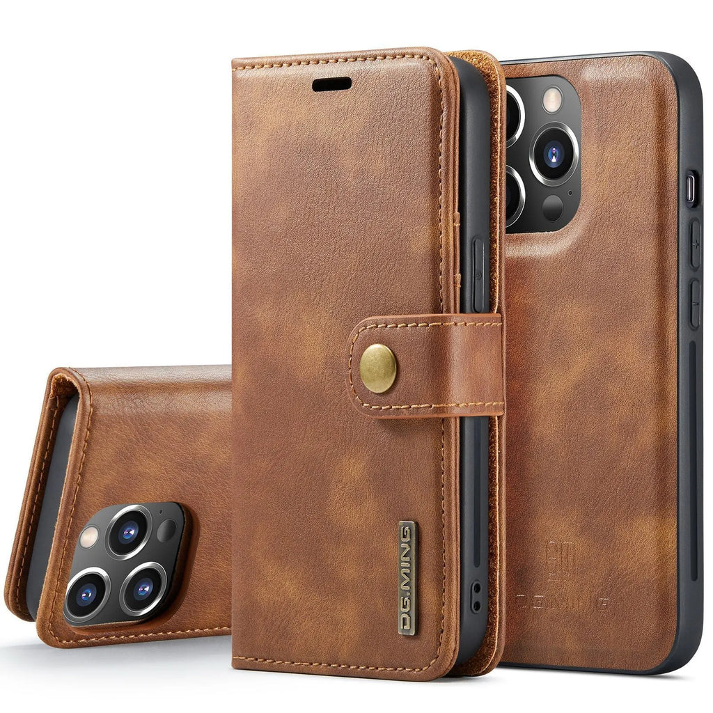 Split PU leather wallet iPhone case with card slots, detachable bottom shell, black brown grey red blue