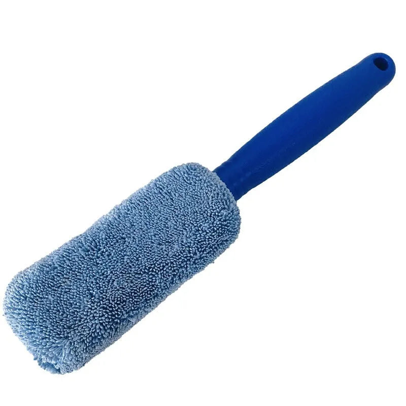Blue microfiber car tyre brush with extended handle for cleaning wheels and rims