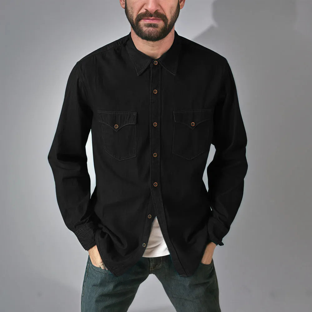 Men's denim cardigan coat in multiple colours showing regular fit design and cotton denim fabric